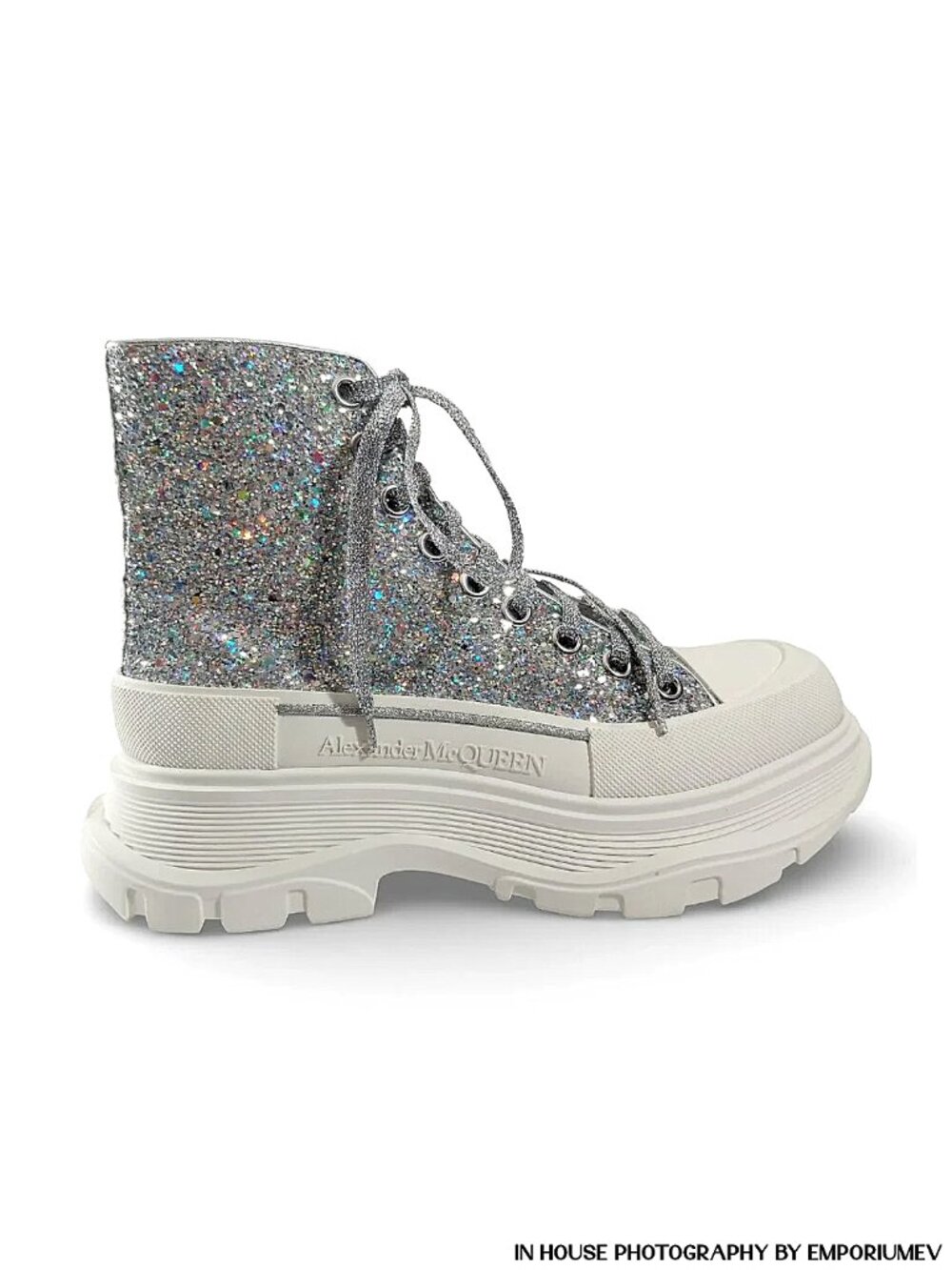 Alexander McQueen Tread Slick Glitter Silver High-Top Boots EU 38 NIB 0588